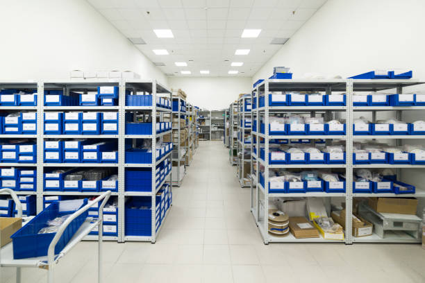 Warehouse of components for the electronics industry stock photo