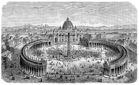 Illustration of a 19th century engraving of St. Peter's Square, Vatican