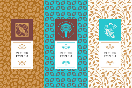Vector set of design elements and seamless patterns for chocolate and cocoa packaging - labels and backgrounds
