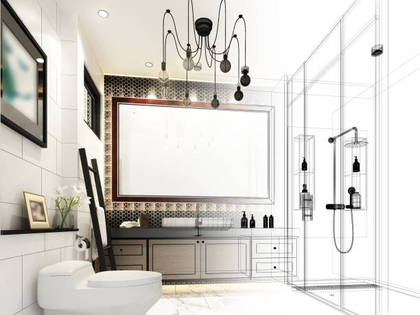 istock abstract sketch design of interior bathroom ,3d rendering 886676416