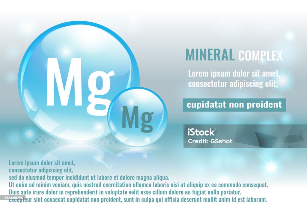 Mineral complex with chemical formula. Mineral mg, Magnesium complex with chemical element symbol. Pharmaceutic, medical background with space for text. Magnesium stock vector