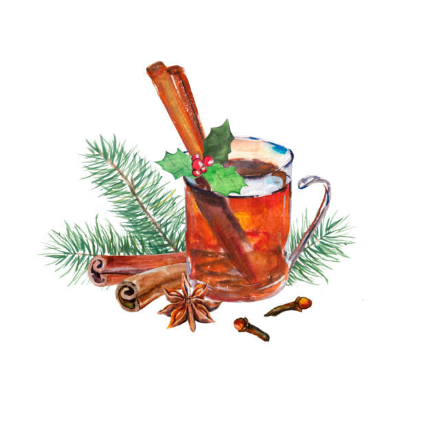 Glass of tea with holly, anise, cinnamon, carnation and firtree branch. Watercolor hand-drawn object isolated on white background.Christmas card and new year illustration set. Glass of tea with holly, anise, cinnamon, carnation and firtree branch. Watercolor hand-drawn object isolated on white background.Christmas card and new year illustration set. hand tinted stock illustrations