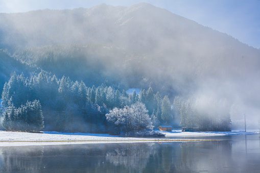 Lake in Winter Morning and Snow