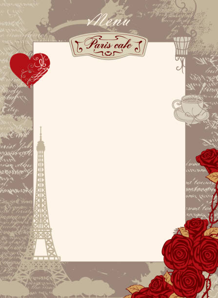 menu blank with the Eiffel Tower, heart and roses Vector menu blank for Paris cafe with a place for writing with the Eiffel Tower, red heart and roses on the background of the old manuscript with spots in retro style eiffel tower restaurant stock illustrations