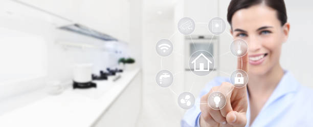 istock smart home automation smiling woman hand touch screen with white symbols on kitchen background web banner and copy space template 886693672