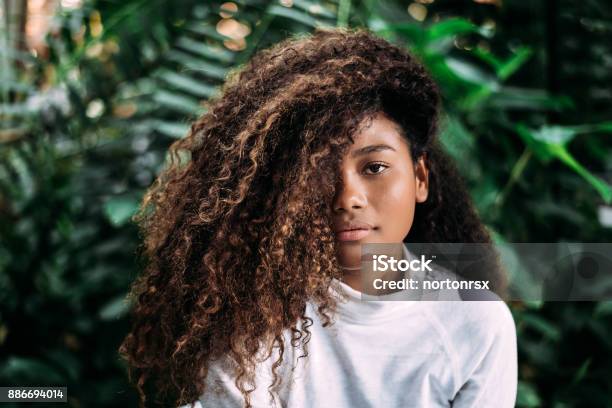 Beautiful Dark Skinned Girl With Curly Hair Stock Photo - Download Image Now - Curly Hair, One Woman Only, Hair