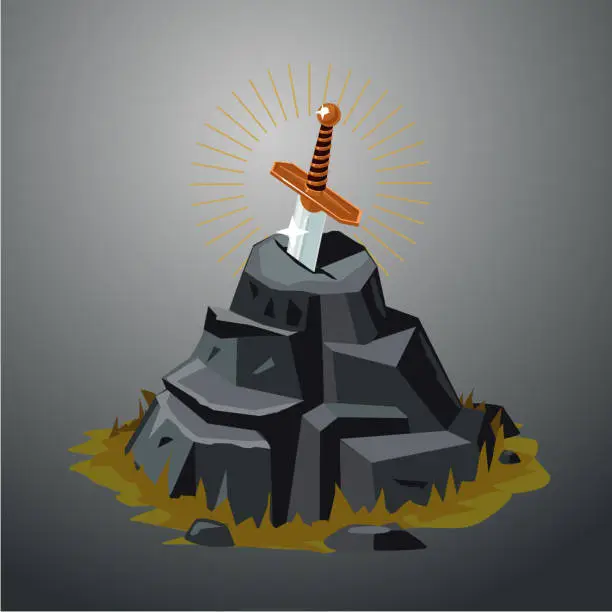 Vector illustration of Legendary sword in stone. Excalibur. Vector illustration. Game design concept.