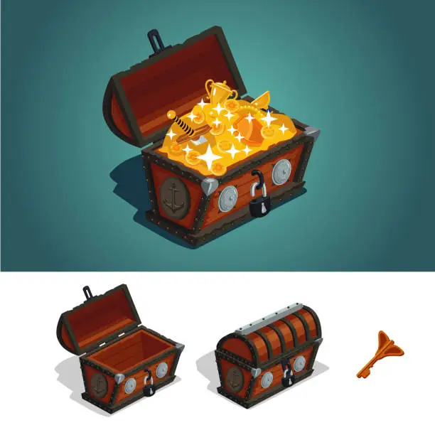Vector illustration of Ancient treasure chest with gold. Game design concept. Isometric cartoon illustration