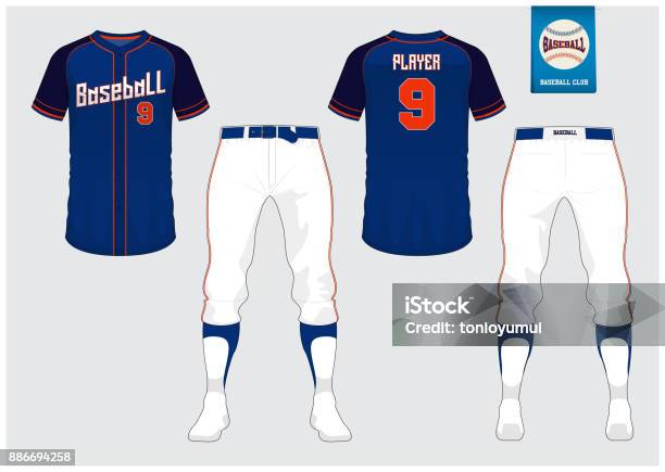 Baseball Uniform Sport Jersey Tshirt Sport Short Sock Template Baseball Tshirt Mock Up Front And Back View Sport Uniform Flat Baseball Logo On Blue Label Vector Stock Illustration - Download Image Now