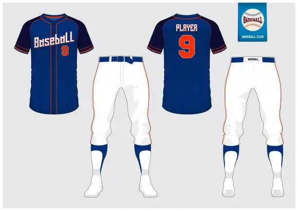 Vector illustration of Baseball uniform, sport jersey, t-shirt sport, short, sock template. Baseball t-shirt mock up. Front and back view sport uniform. Flat baseball logo on blue label. Vector.