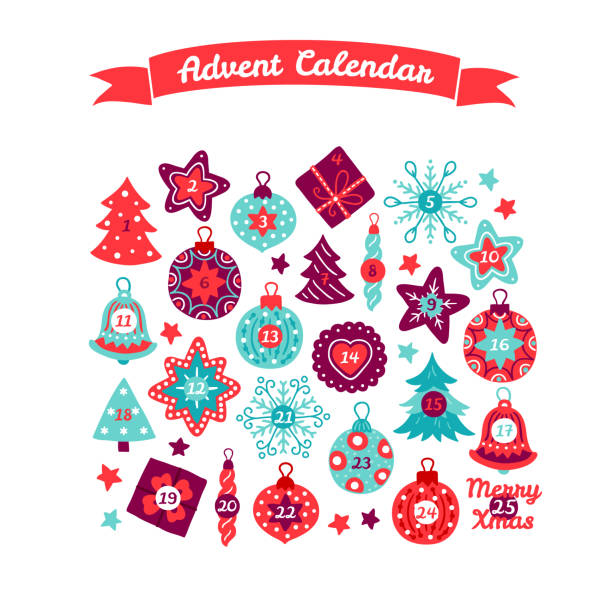 ilustraciones, imágenes clip art, dibujos animados e iconos de stock de calendario de adviento de navidad con abeto, estrella, cookie, copo de nieve, bolas - white background decor religious celebration christmas