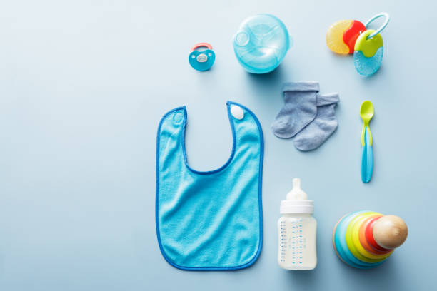 baby goods: baby goods for boys collection - equipamento de bebê imagens e fotografias de stock