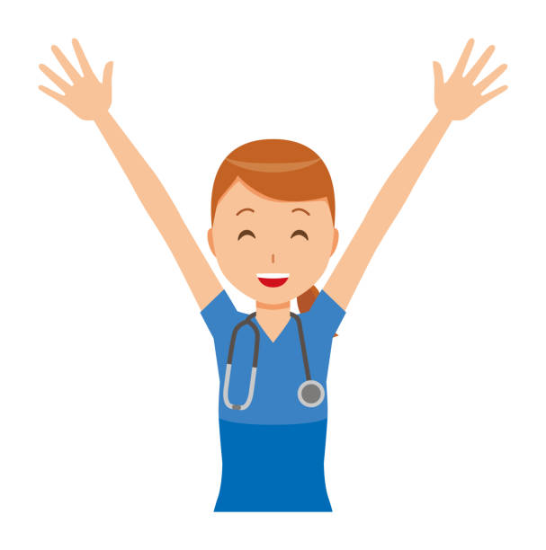 bildbanksillustrationer, clip art samt tecknat material och ikoner med en kvinna sjuksköterska bär en blå skrubb har höjt sina händer - smiling nurse