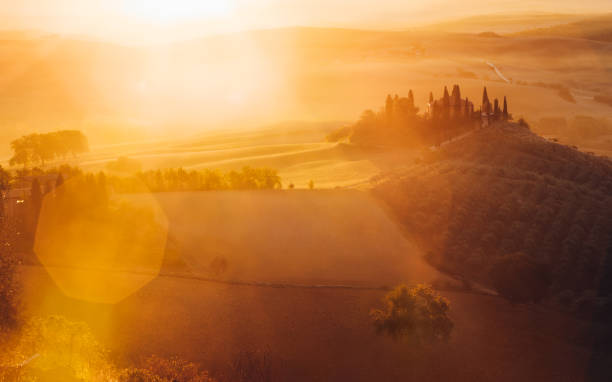 tuscany, panoramic landscape with famous farmhouse rolling hills and valleys in beautiful golden morning light at sunrise in summer, val d'orcia, italy - val tuscany cypress tree italy imagens e fotografias de stock