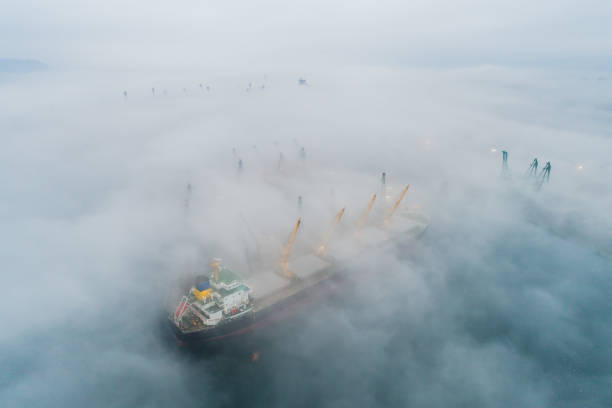 공업주 두루미 탑재 용기 있는 화물 발송 - dense fog 뉴스 사진 이미지