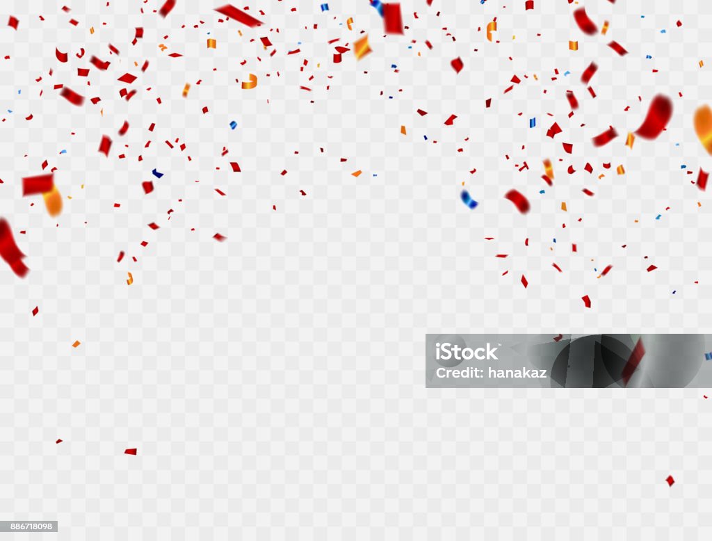 Modèle de fond coloré célébration avec les confettis et rubans rouges. Illustration vectorielle - clipart vectoriel de Confetti libre de droits