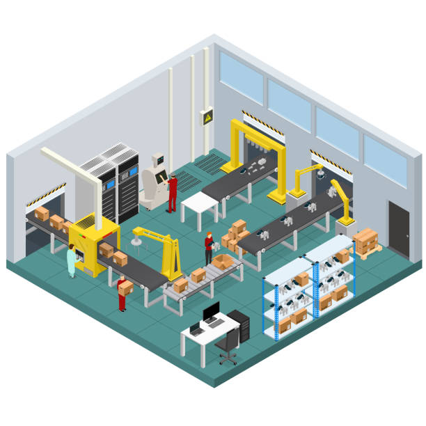 Conveyor Line Factory Interior with Isometric View. Vector Conveyor Belt Line Factory Interior with Isometric View Automatic Production Packaging Work Technology Assembly Machine Operations. Vector illustration flooring illustrations stock illustrations