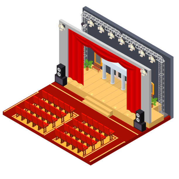 ilustrações, clipart, desenhos animados e ícones de interior do teatro com visão isométrica de mobília. vector - edifício de teatro