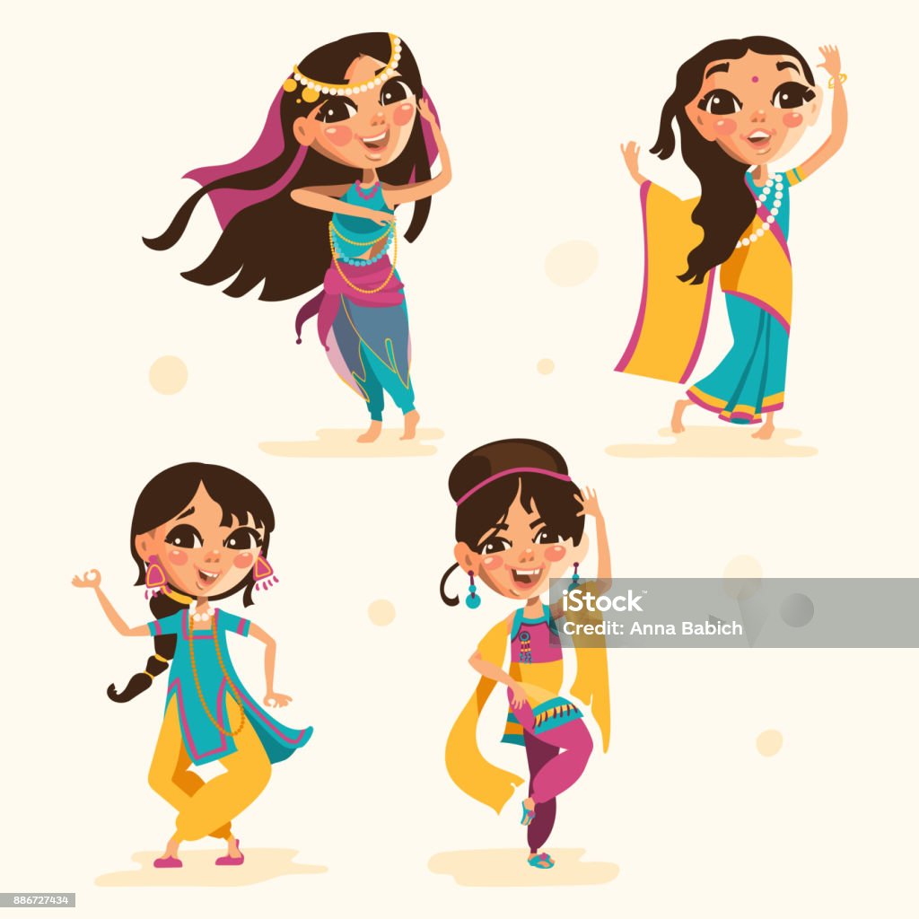 Cute Indian Kids Girls In Traditional Indian Clothes Set Collection Stock  Illustration - Download Image Now - iStock