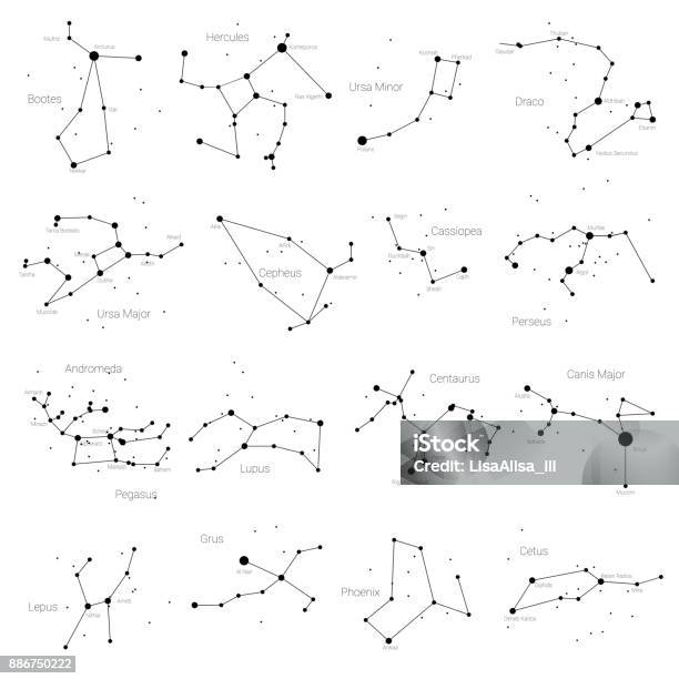Set Of Vector Constellations Of The Northern And Southern Hemispheres Ursa Minor And Major Pegasus Cassiopea And Others All Main Constellation With Names Of Stars And Constellations Sky Map Stock Illustration - Download Image Now