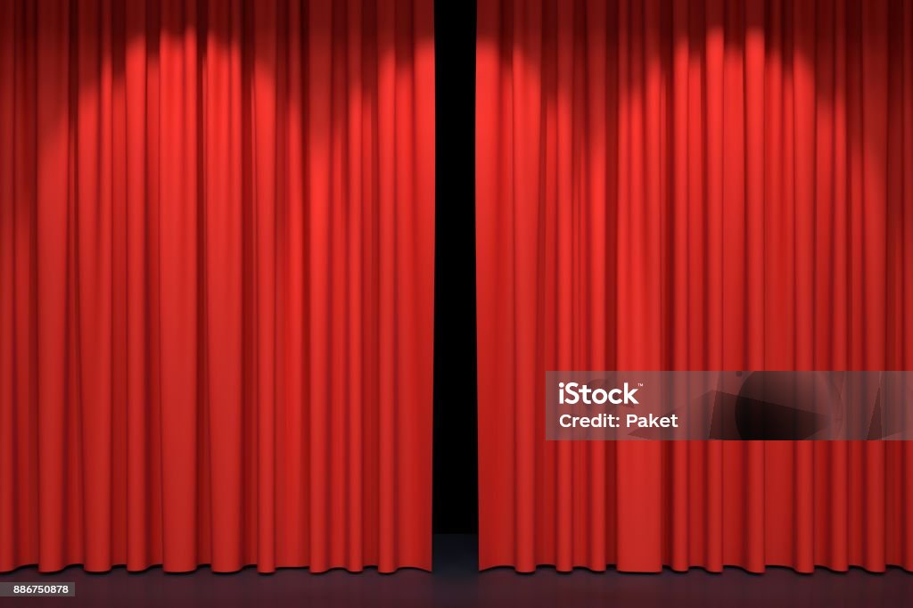 Red stage curtains Red stage curtains. Luxury red velvet drapes, silk drapery. Realistic closed theatrical cinema curtain. Waiting for show, movie end, revealing new product, premiere, marketing concept. 3D illustration Curtain Stock Photo