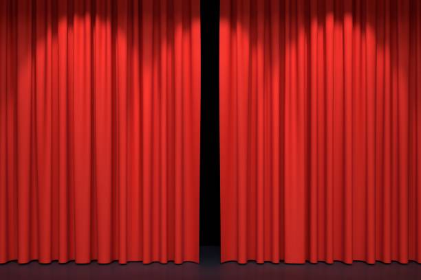 Red stage curtains Red stage curtains. Luxury red velvet drapes, silk drapery. Realistic closed theatrical cinema curtain. Waiting for show, movie end, revealing new product, premiere, marketing concept. 3D illustration film premiere stock pictures, royalty-free photos & images