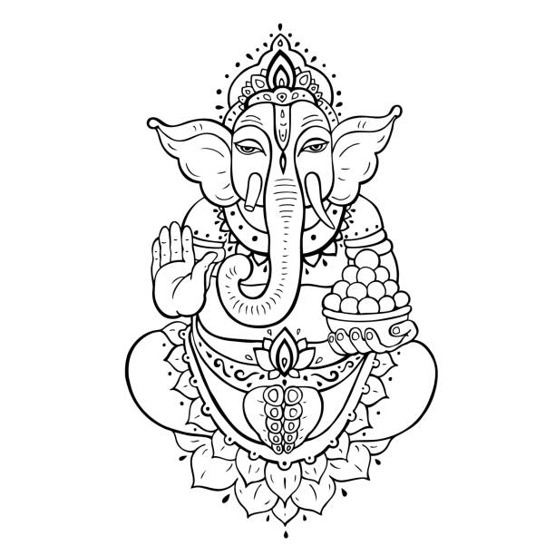 ilustraciones, imágenes clip art, dibujos animados e iconos de stock de ganapati meditación en postura de loto - ganesha om symbol indian culture hinduism