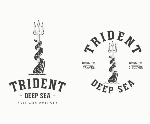 Trident deep sea illustration Sea adventure and discover of an octopus arm holding a trident trident stock illustrations