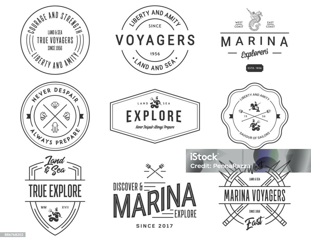 Les Badges d’exploration mer - clipart vectoriel de Badge libre de droits