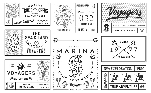 Sea exploration vector illustrations with different signs and symbols