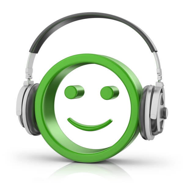 3d render. Smiley in headphones isolated on white background.