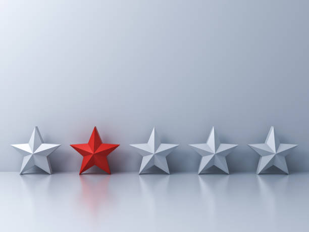 istock Stand out from the crowd and different concept , One red star different among white stars on white wall background with shadows and reflections 886786220