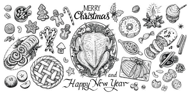 illustrazioni stock, clip art, cartoni animati e icone di tendenza di tavolo da pranzo natalizio, illustrazione vettoriale. cibo e bevande invernali vista dall'alto. - christmas dinner food turkey