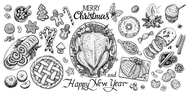 рождественский ужин стол, вектор иллюстрации. зимнее питание и напитки сверху. - cooked chicken sketching roasted stock illustrations