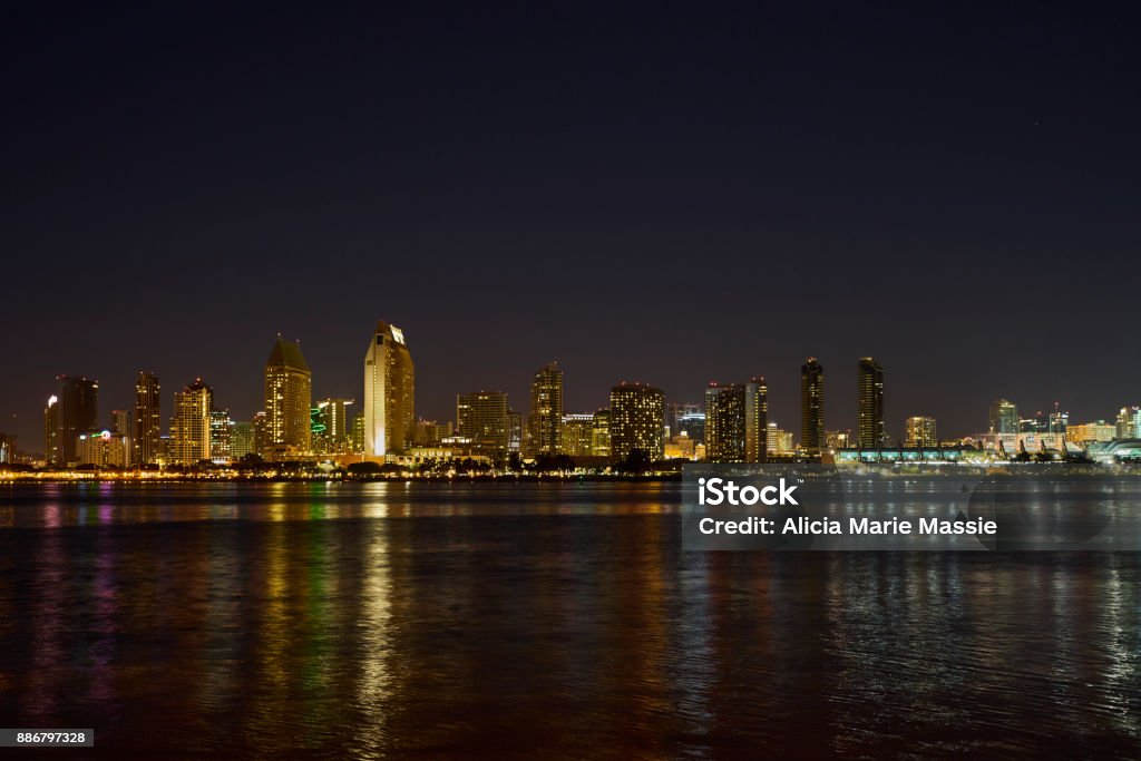 San Diego, California Skyline During dusk in the late afternoon, from Coronado Island at the Golden Hour Bay of Water Stock Photo