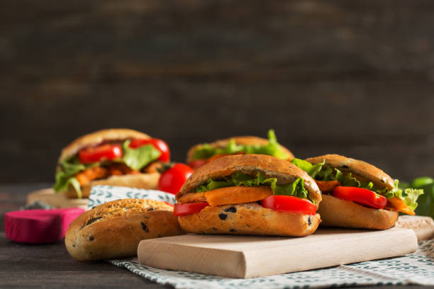 delicious mini sandwiches with olive bread - mozzarella tomato sandwich picnic imagens e fotografias de stock