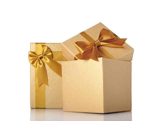 istock Golden classic shiny gift box with satin bow 886804386