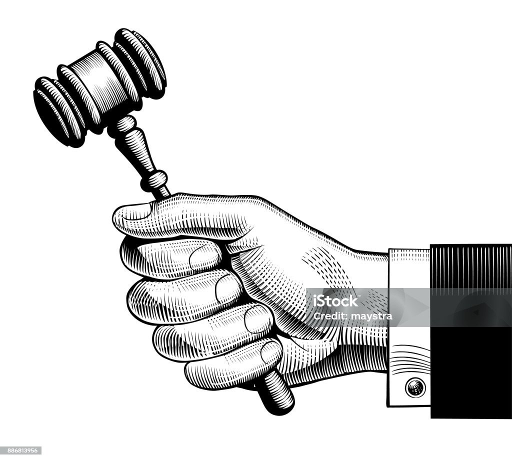 Hand holding judges gavel Hand holding judges gavel. Vintage engraving stylized drawing.  Vector illustration Auction stock vector