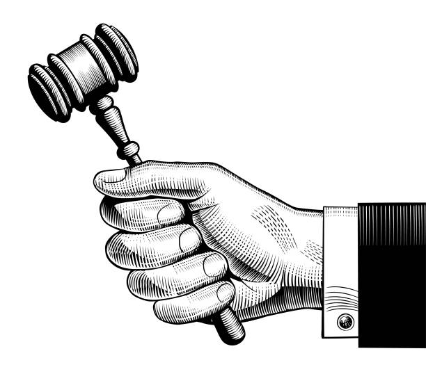 Hand holding judges gavel Hand holding judges gavel. Vintage engraving stylized drawing.  Vector illustration lawyer drawings stock illustrations