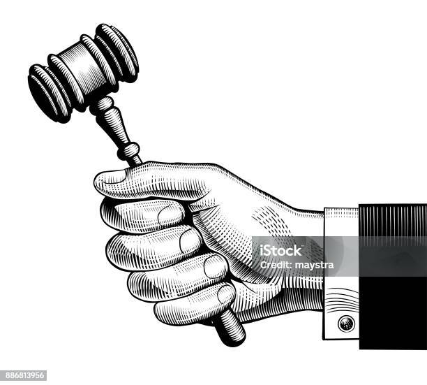 Hand Holding Judges Gavel Stock Illustration - Download Image Now - Auction, Engraving, Gavel