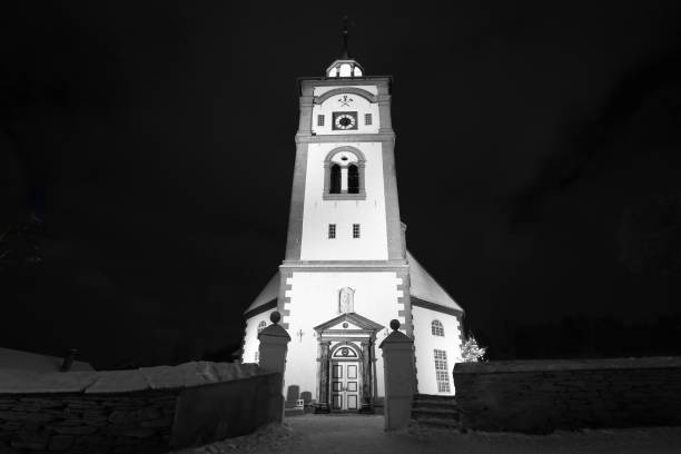 Old wooden church in the norwegian town Roeros, B&W