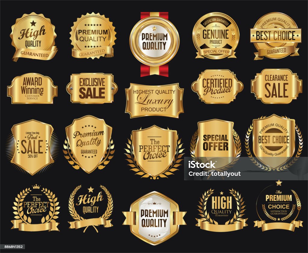 Retro golden badge vector illustration collection Gold - Metal stock vector