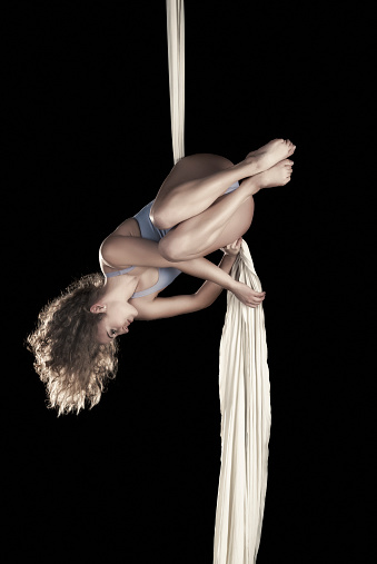 Aerial dancer performance with silks