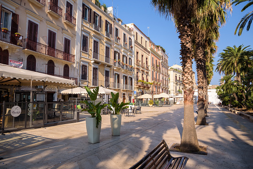 Bari: Corso Vittorio Emanuele street with many cafes in the capital city of Apulia region in southern Italy