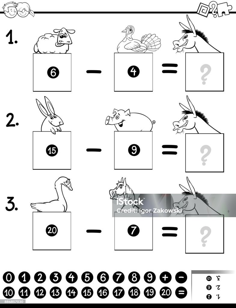 subtraction education game color book Black and White Cartoon Illustration of Educational Mathematical Subtraction Puzzle Game for Preschool and Elementary Age Children with Funny Farm Animal Characters Coloring Book Agriculture stock vector