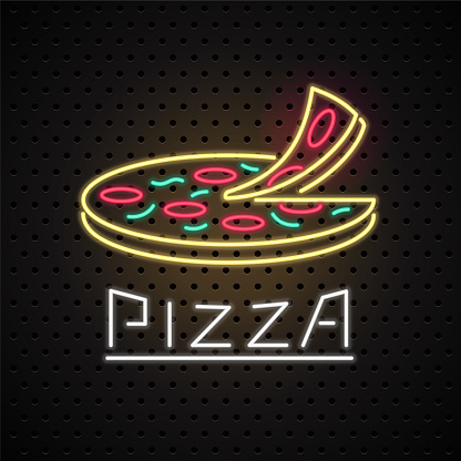 Vector design element for pizza with neon sign. Template emblem with whole pizza for delivery service or restaurant