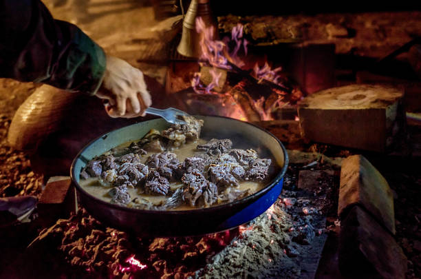 Coocking meet on a wood fire at open place