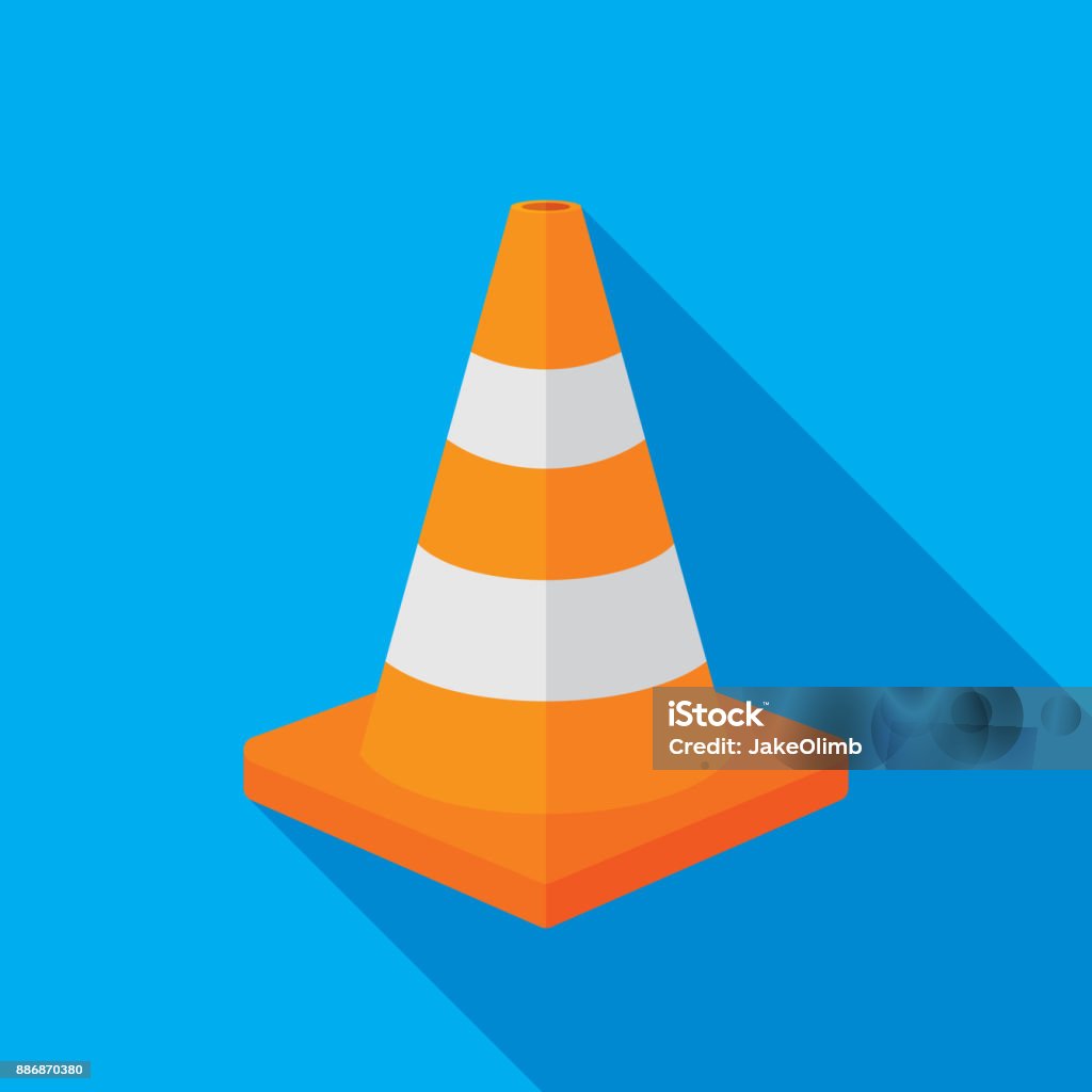 Traffic Cone Icon Flat Vector illustration of an orange traffic cone against a blue background in flat style. Traffic Cone stock vector