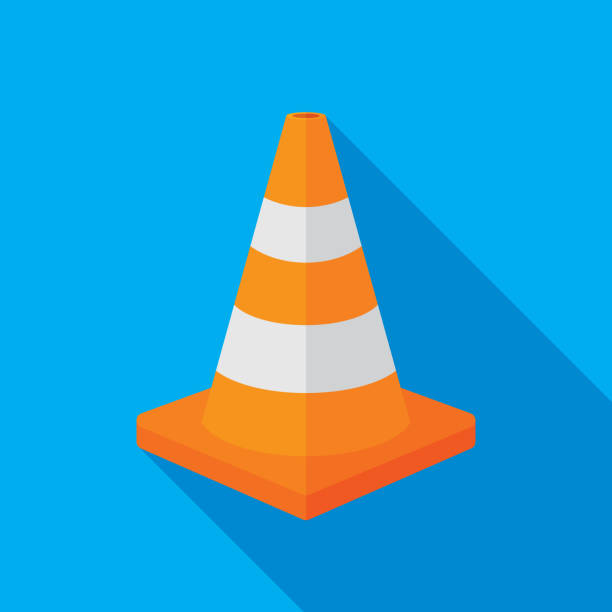 Vector illustration of an orange traffic cone against a blue background in flat style.