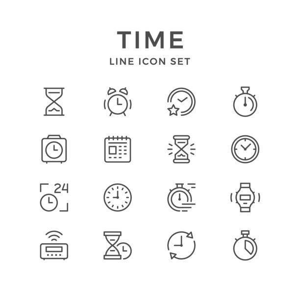 시간 설정된 라인 아이콘 - hourglass clock sand countdown stock illustrations